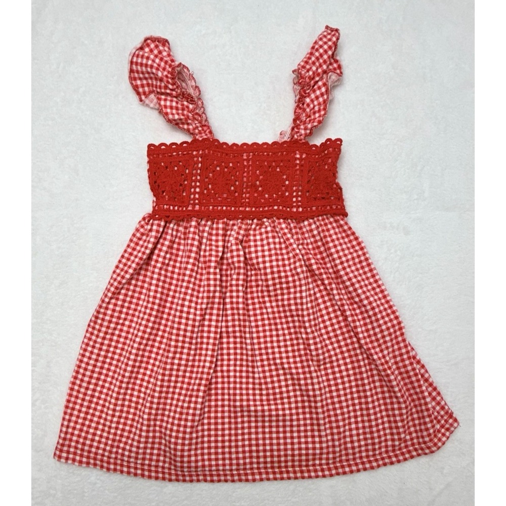 Zara Kids Girls Dress Size 5 Red Gingham Check Crochet Chest Ruffle Sundress